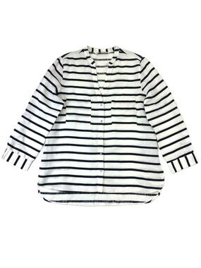 Zara Linen Striped Button Front Blouse Navy White Size Large Nautical Resortwear